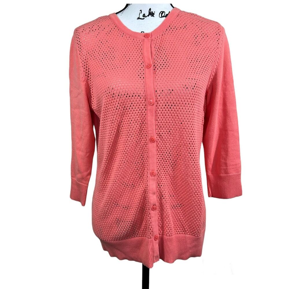 Croft & Barrow Coral Cardigan Sweater Fishnet Sweater size M coastal chic